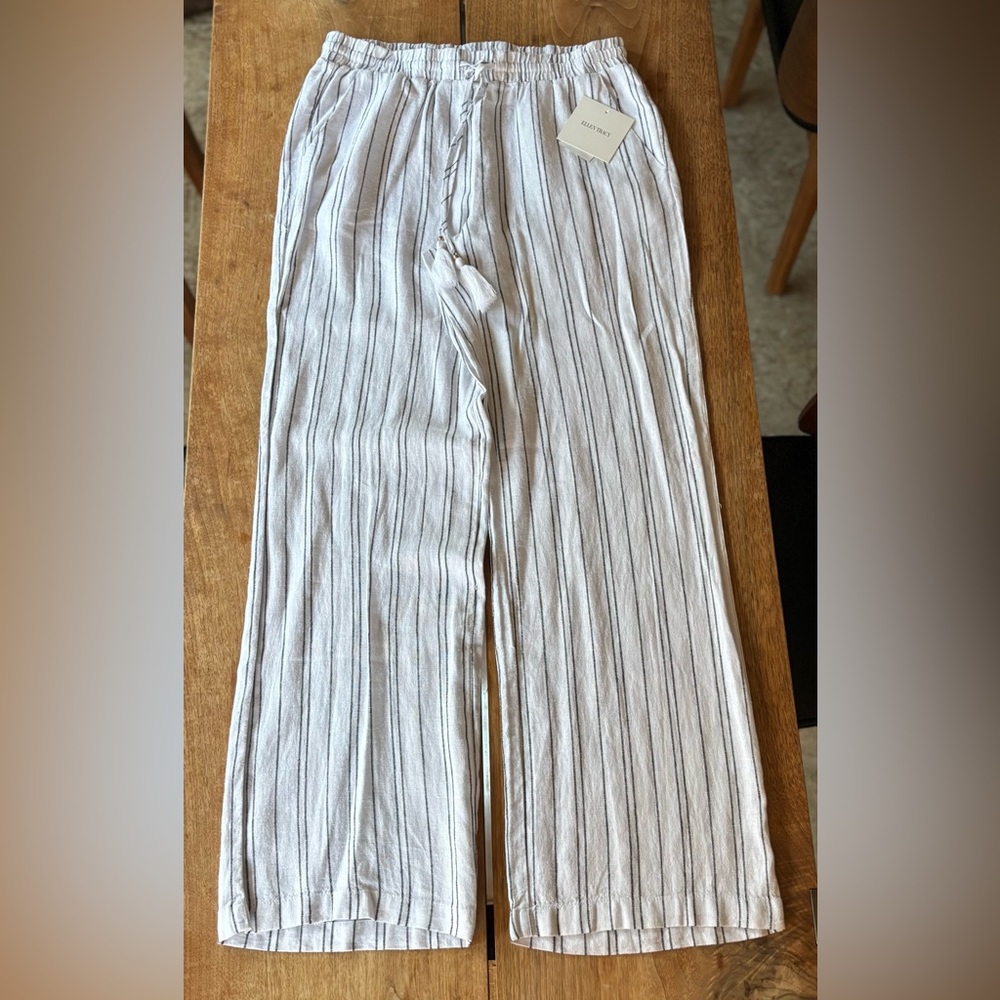 Ellen Tracy Linen Stripe Wide Leg Pants Women's Small White w/ Black pinstripes - Picture 10 of 15